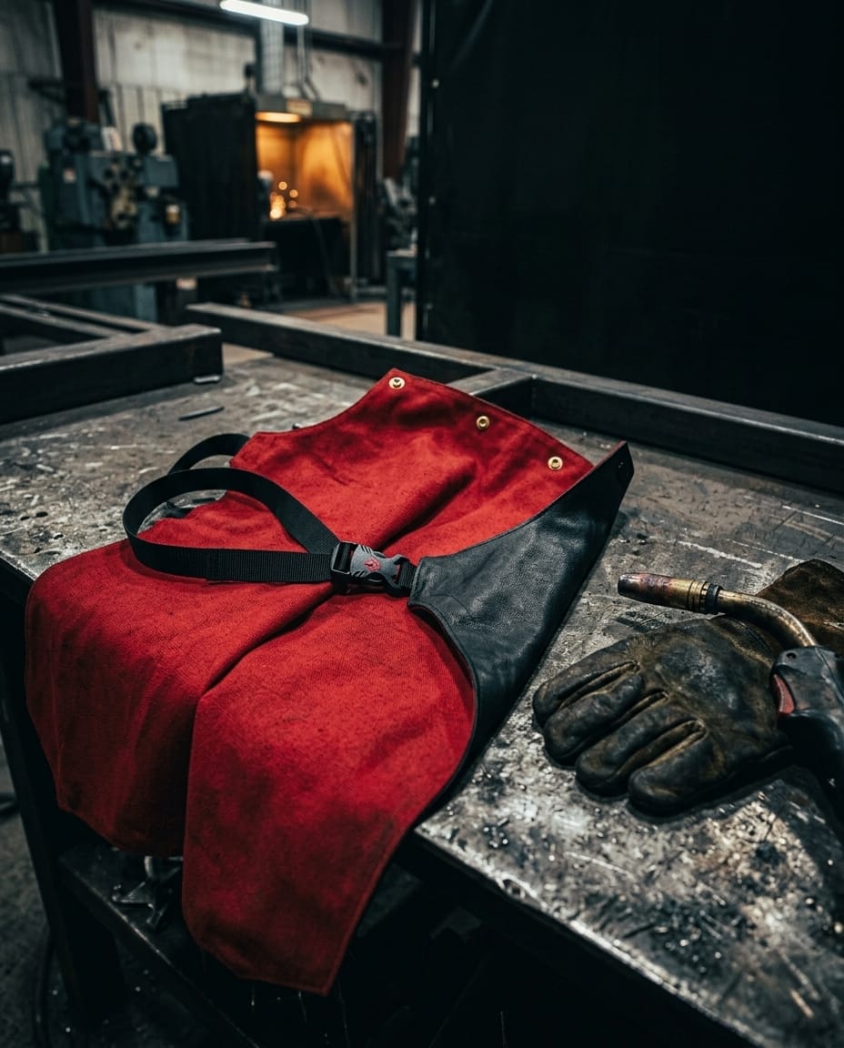 Black Stallion red and black leather welding apron on a metal workbench