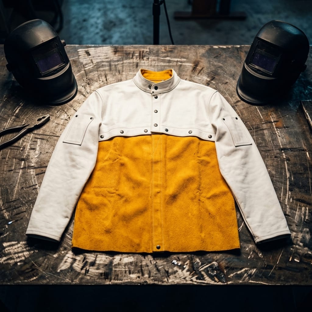 Black Stallion two tone leather welding jacket on a workbench with two welding helmets