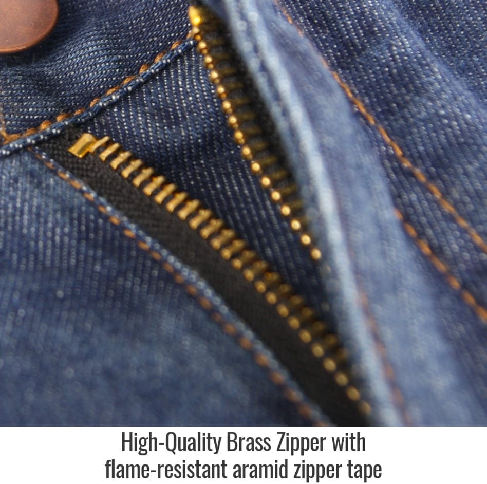 Black Stallion brass zipper with flame resistant aramid tape on blue denim jeans