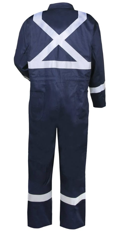 Black Stallion navy blue coveralls with reflective X pattern on back and reflective bands on arms and legs