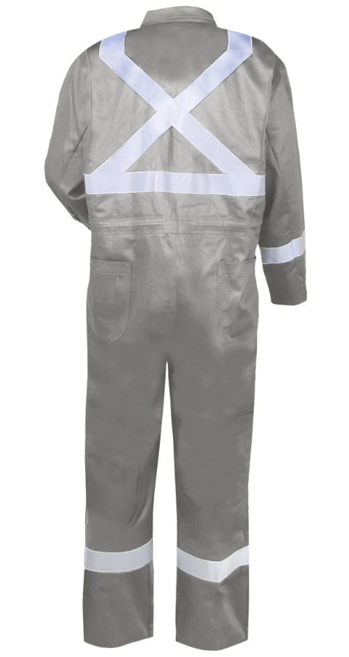 Back view of Black Stallion grey coveralls with reflective X pattern on back and reflective bands on sleeves and legs