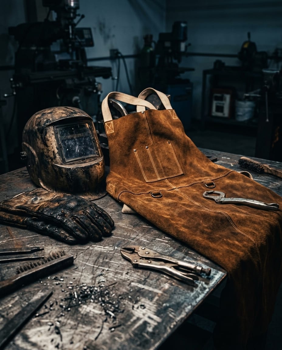 Black Stallion leather welding apron with welding helmet and gloves on a metal workbench