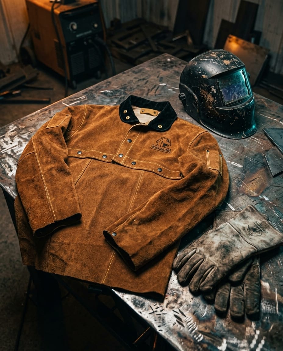 Black Stallion brown leather welding jacket with welding helmet and gloves on a metal workbench