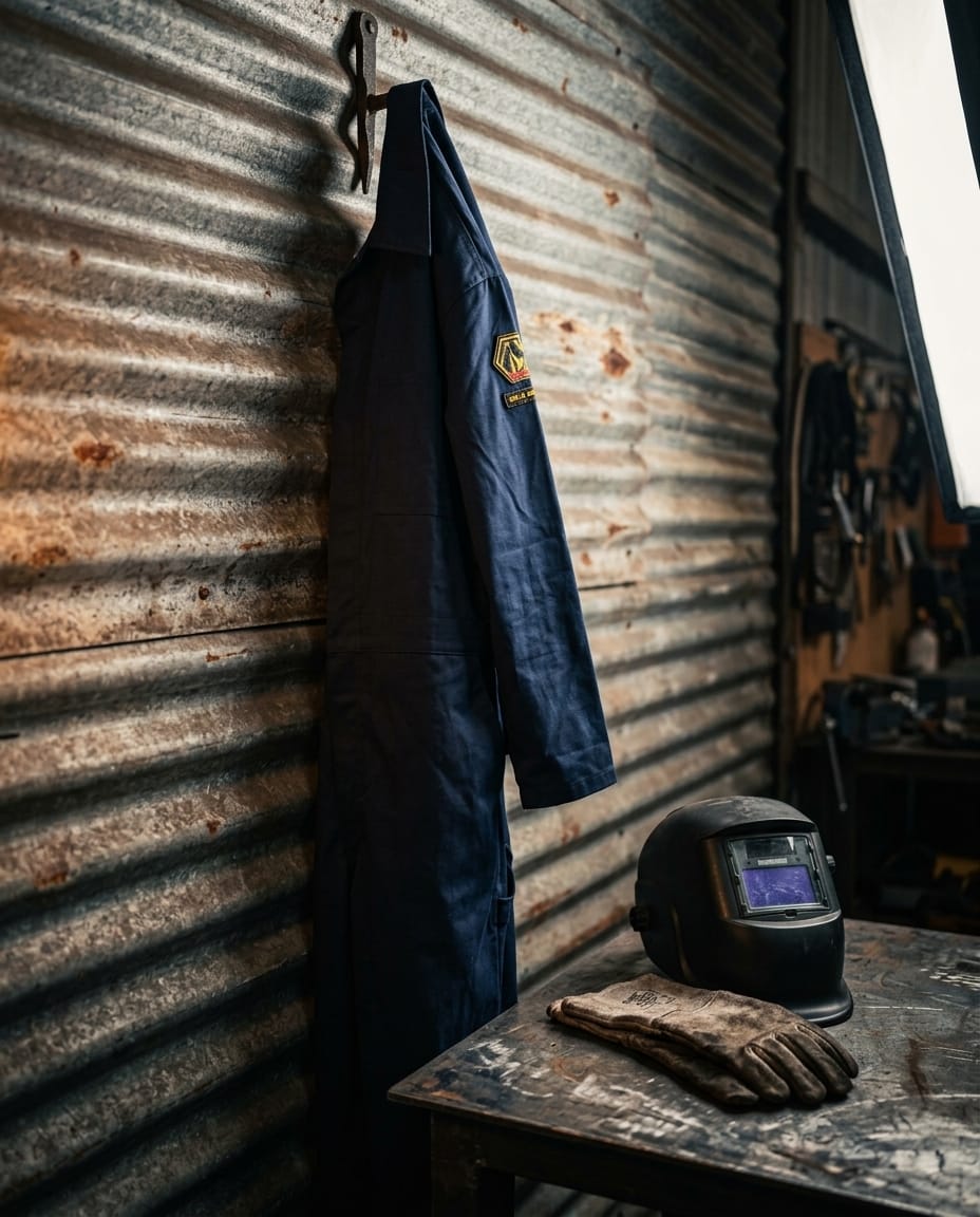 Black Stallion blue coveralls hanging on a corrugated metal wall with a welding helmet and gloves on a workbench