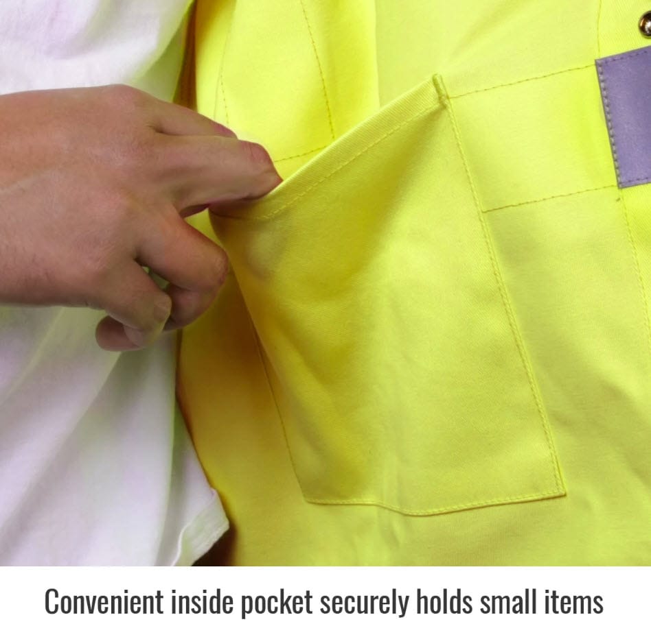 Hand reaching into the inside pocket of a high visibility yellow Black Stallion safety vest