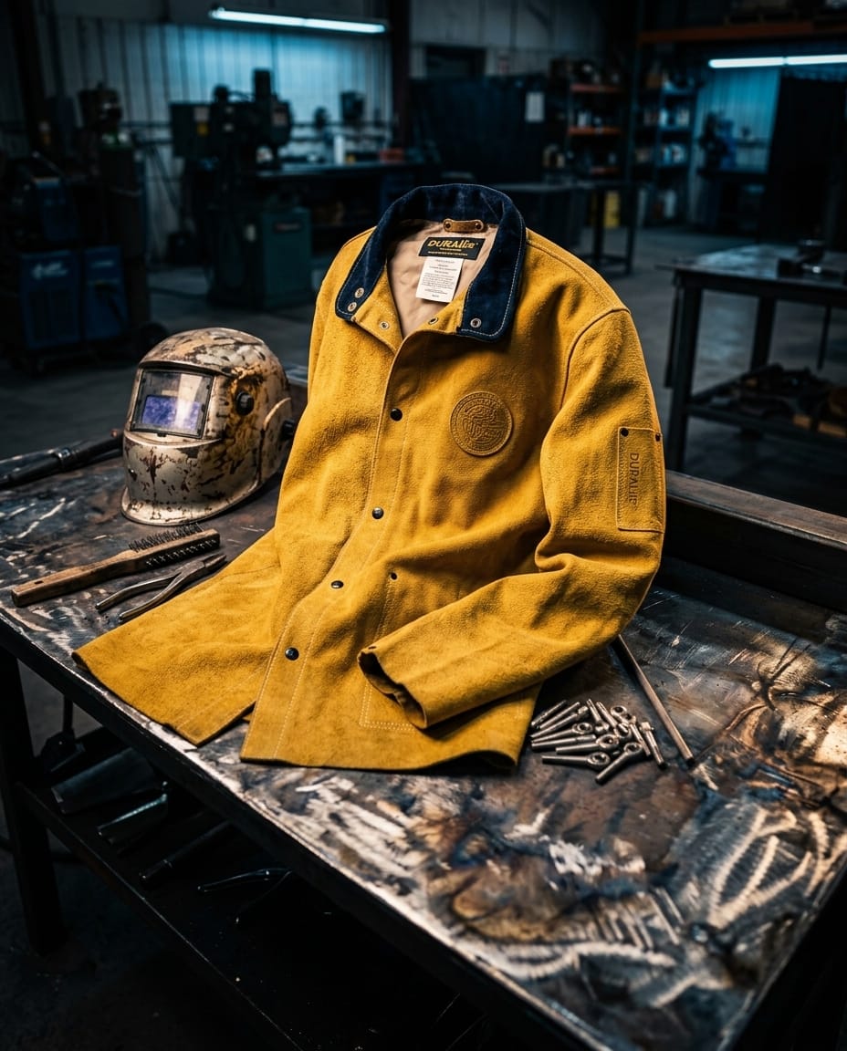 Black Stallion yellow leather welding jacket with dark collar on a workshop table with a welding helmet