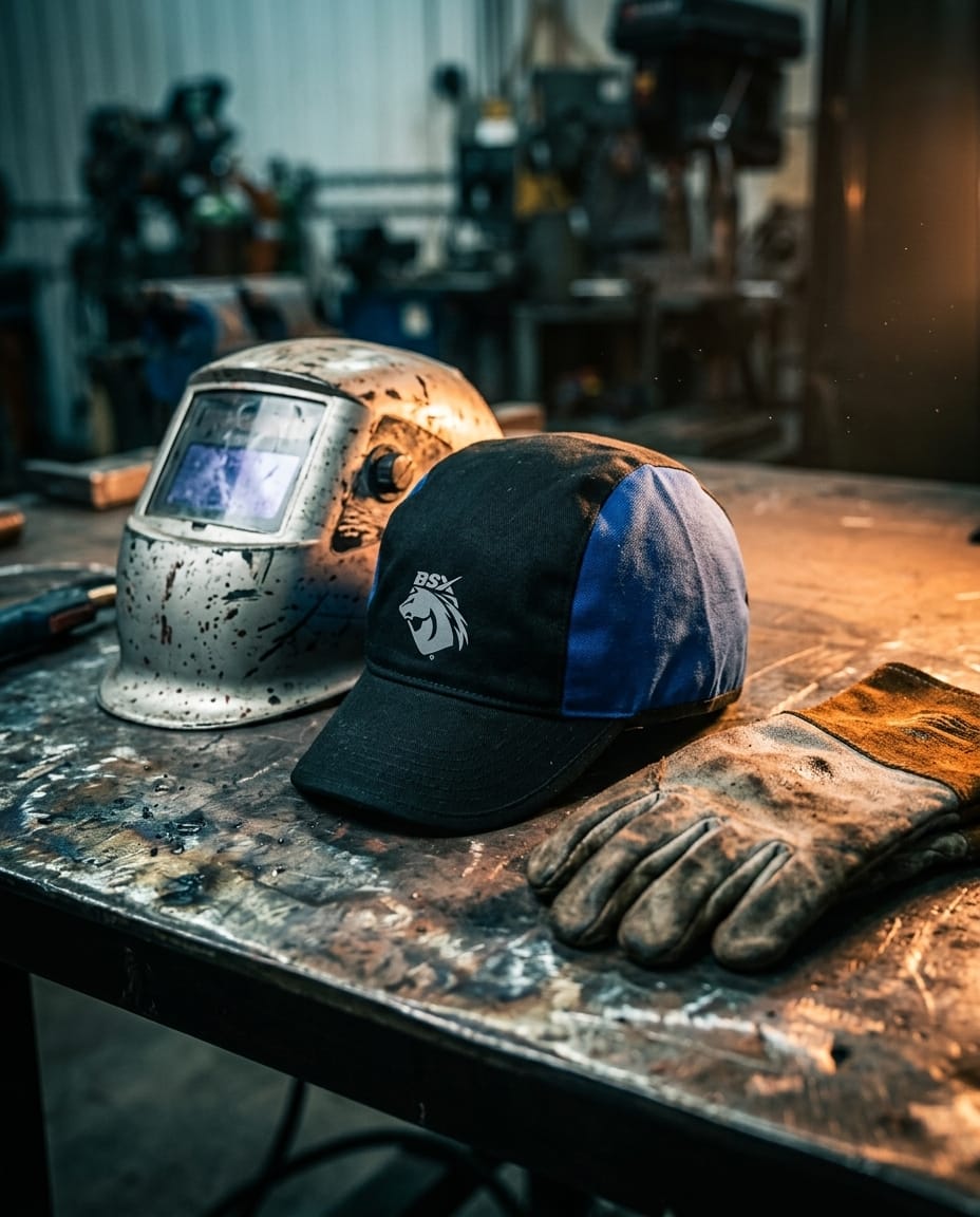 Black Stallion BSX welding cap next to a welding helmet and leather work gloves on a metal workbench
