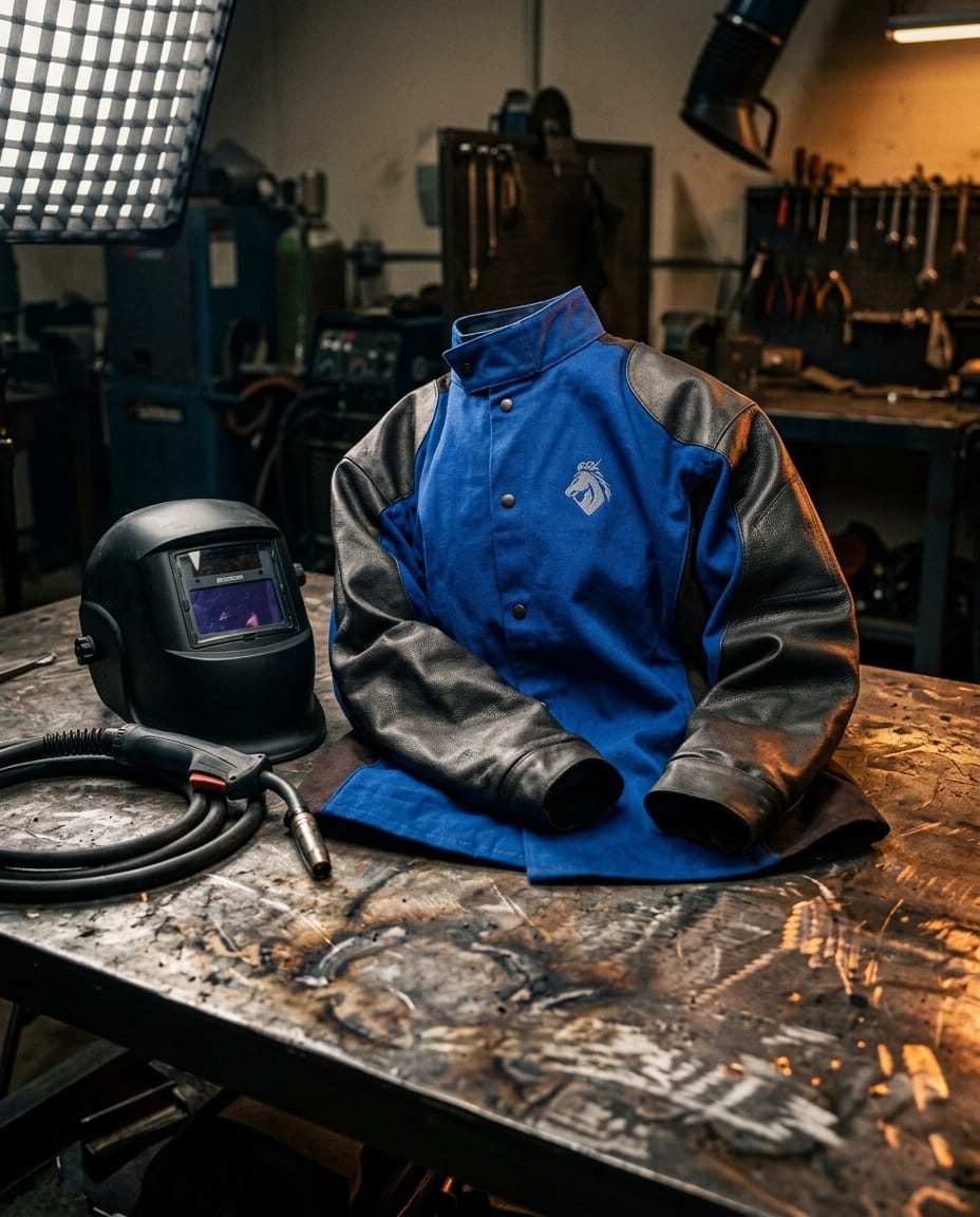 Black Stallion blue and black leather welding jacket with welding helmet and torch on a metal workbench