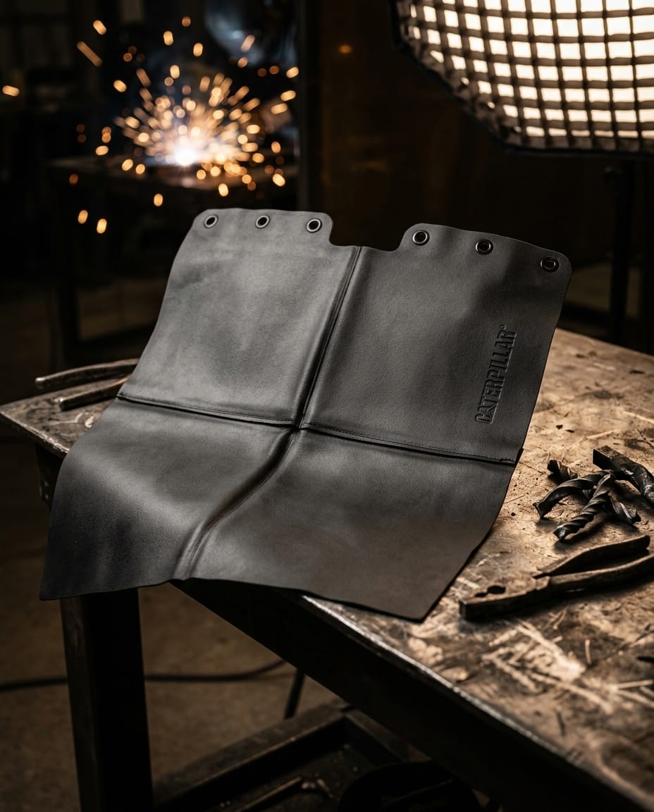 Black leather Caterpillar welding bib with metal grommets on a workbench