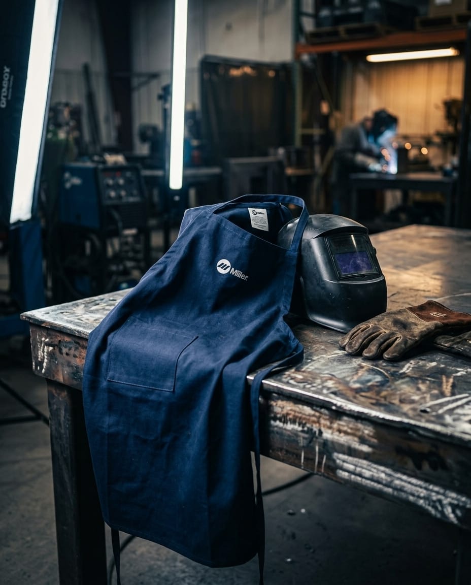 Miller branded blue welding apron with welding helmet and leather gloves on a metal workbench
