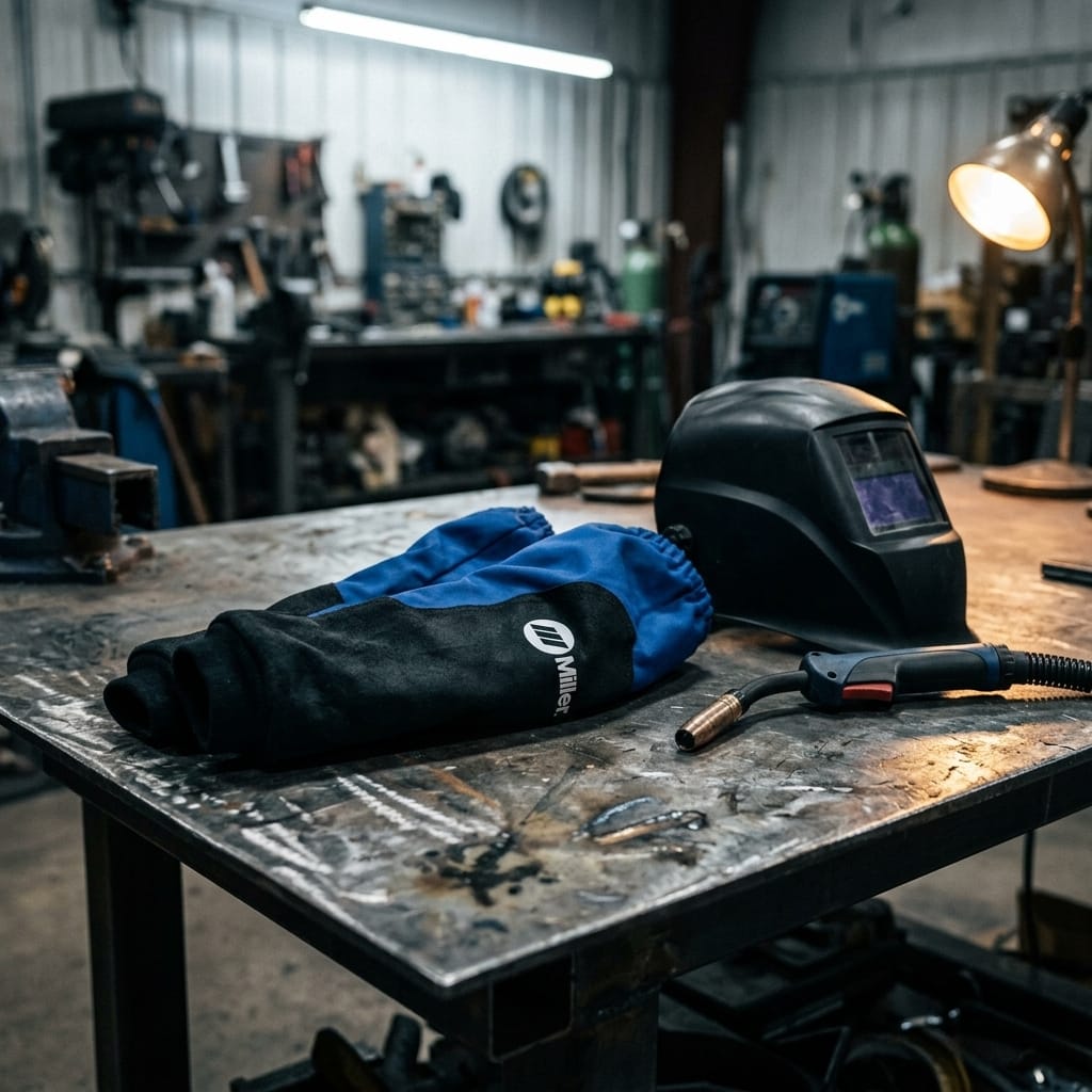 Miller welding helmet and blue protective sleeves on a metal workbench