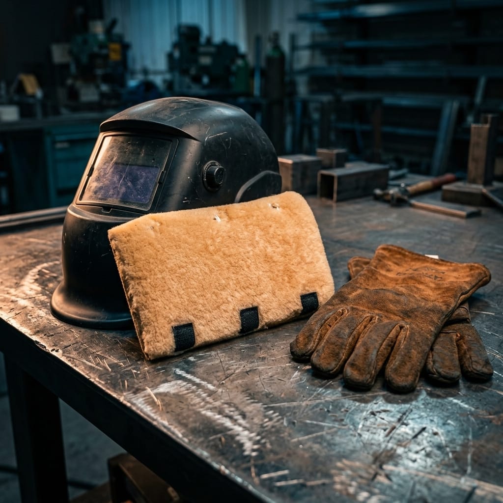 Tillman welding helmet, fleece pad, and leather gloves on a metal workbench