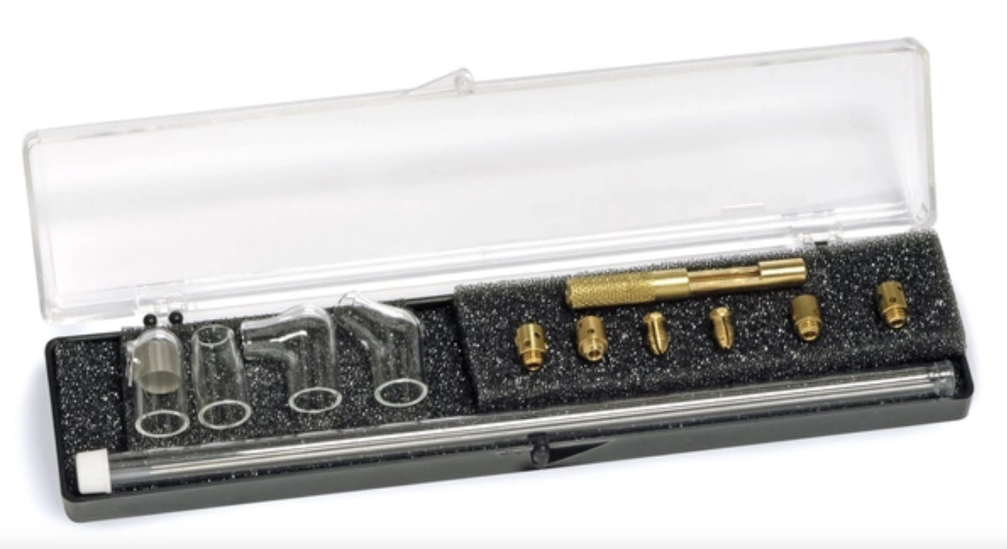 Weldcraft TIG welding torch accessory kit with glass nozzles and brass collets in a storage case