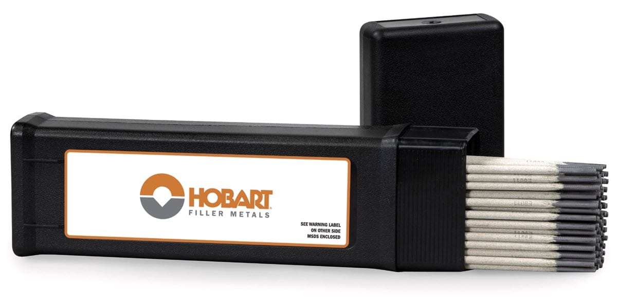 Hobart filler metal welding rods in a black plastic storage case