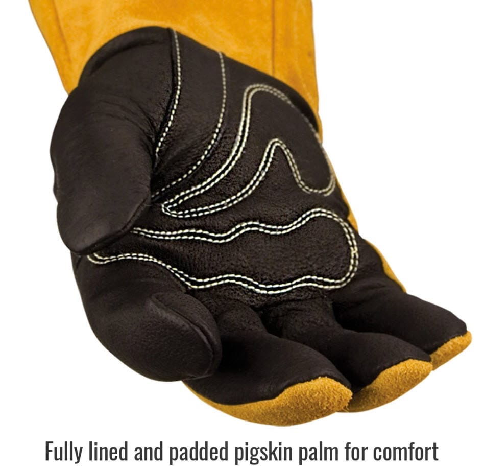 Black Stallion welding glove showing the padded black pigskin palm with white stitching