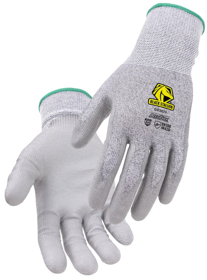 Black Stallion GR3035 AccuFlex grey knit work gloves with green cuffs
