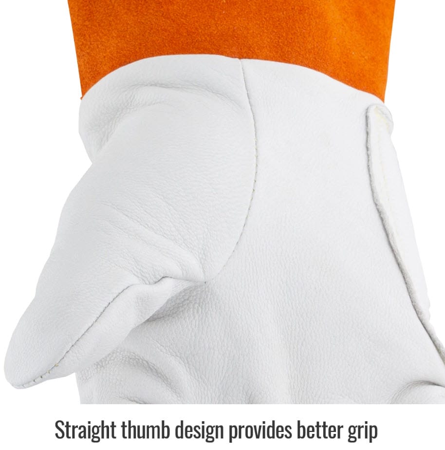 Black Stallion welding glove featuring a white leather palm and orange suede cuff with a straight thumb design
