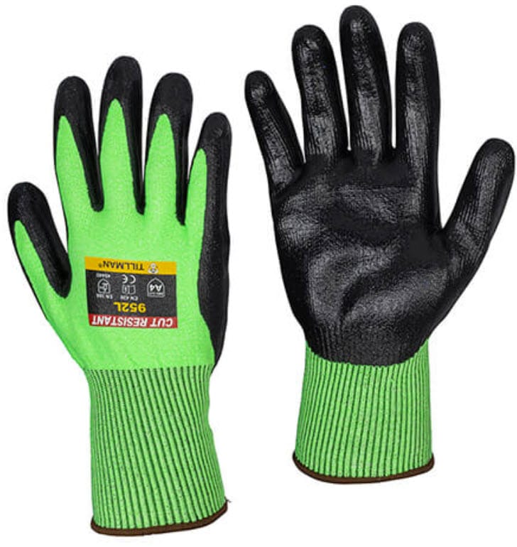 Tillman 952L cut resistant gloves with green knit back and black nitrile palm coating