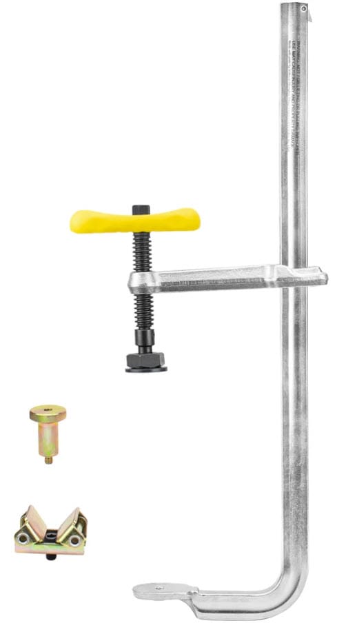 Strong Hand metal bar clamp with yellow handle and two separate clamp attachments