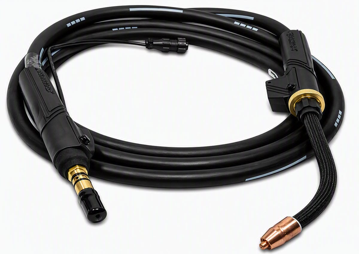 Black welding torch cable with a copper nozzle and connector