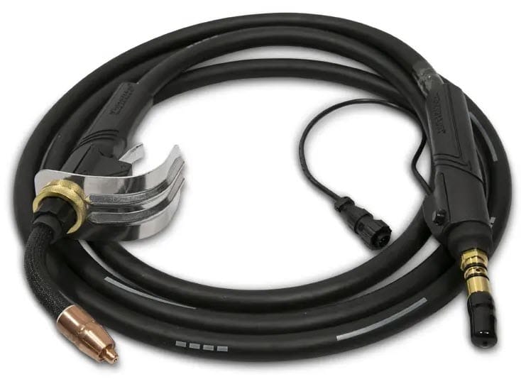 Black welding torch with coiled cable and metal nozzle