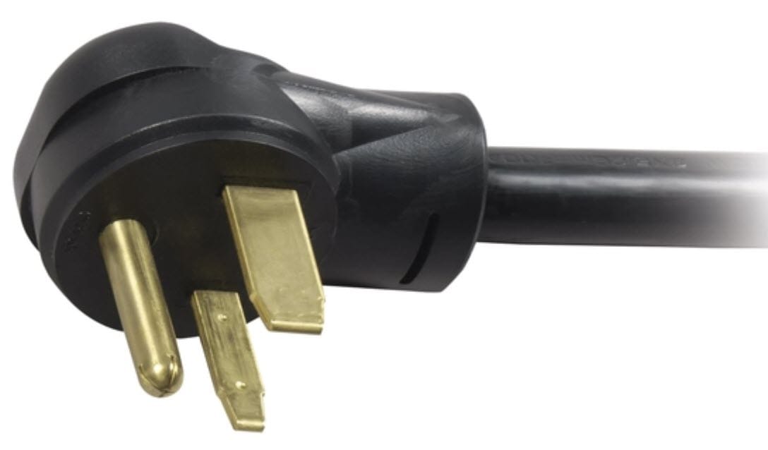 Black three prong electrical power plug with brass pins