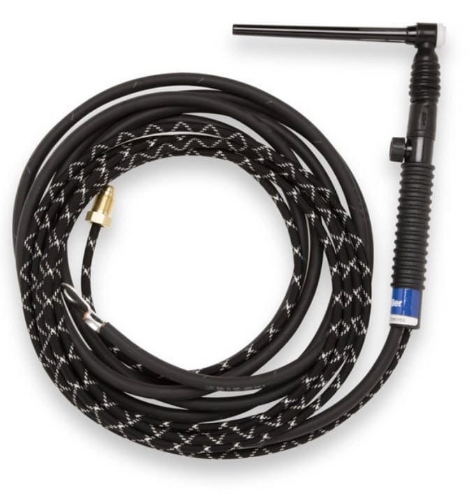 Weldcraft TIG welding torch with black braided cable and brass connector
