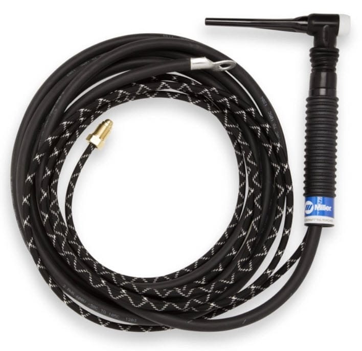 Weldcraft TIG welding torch with black braided cable and brass connector
