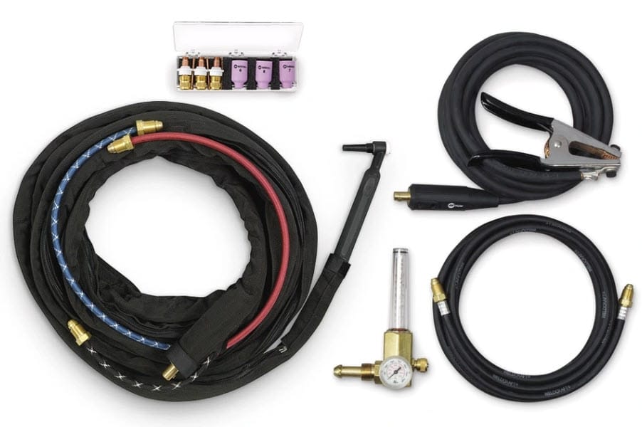 Weldcraft TIG welding torch kit with cables, gas regulator, and consumable parts case