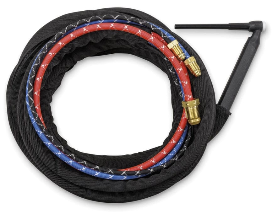 Weldcraft TIG welding torch cable assembly with red and blue hoses and brass fittings
