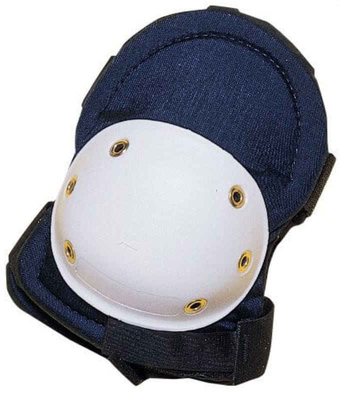 Tillman knee pad with white hard shell cap and navy blue fabric backing
