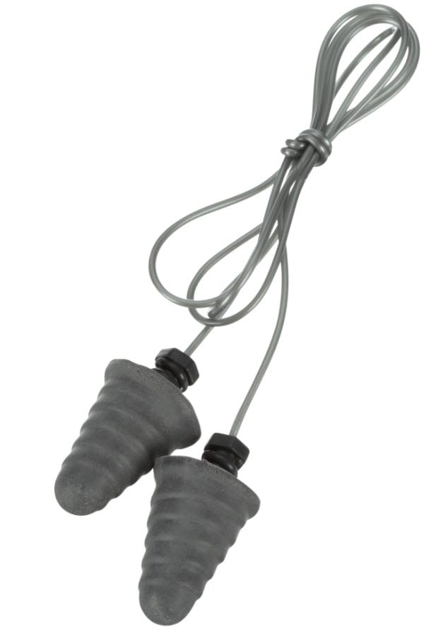 Pair of grey flanged earplugs connected by a cord