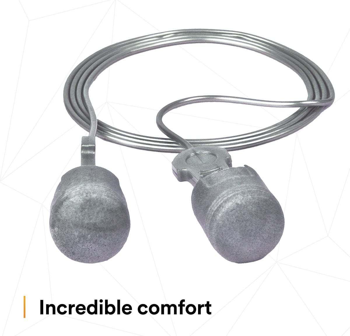 Two grey foam earplugs connected by a thin cord