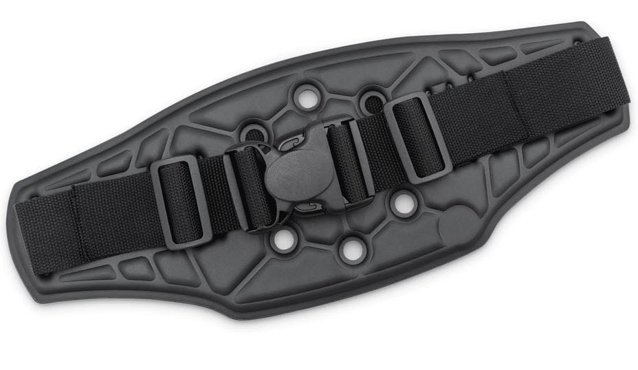 Black plastic mounting plate with adjustable nylon strap and side release buckle
