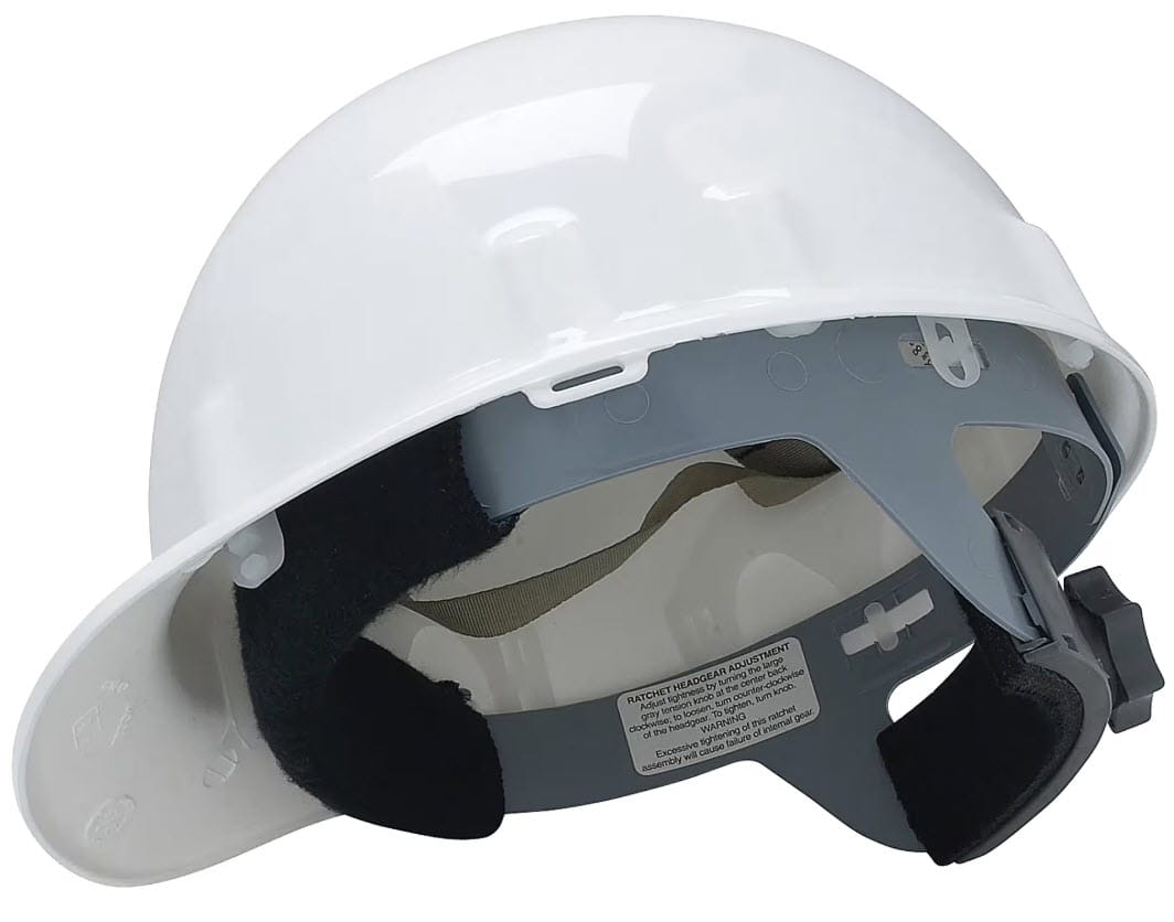 Jackson Safety white hard hat showing interior ratchet suspension system