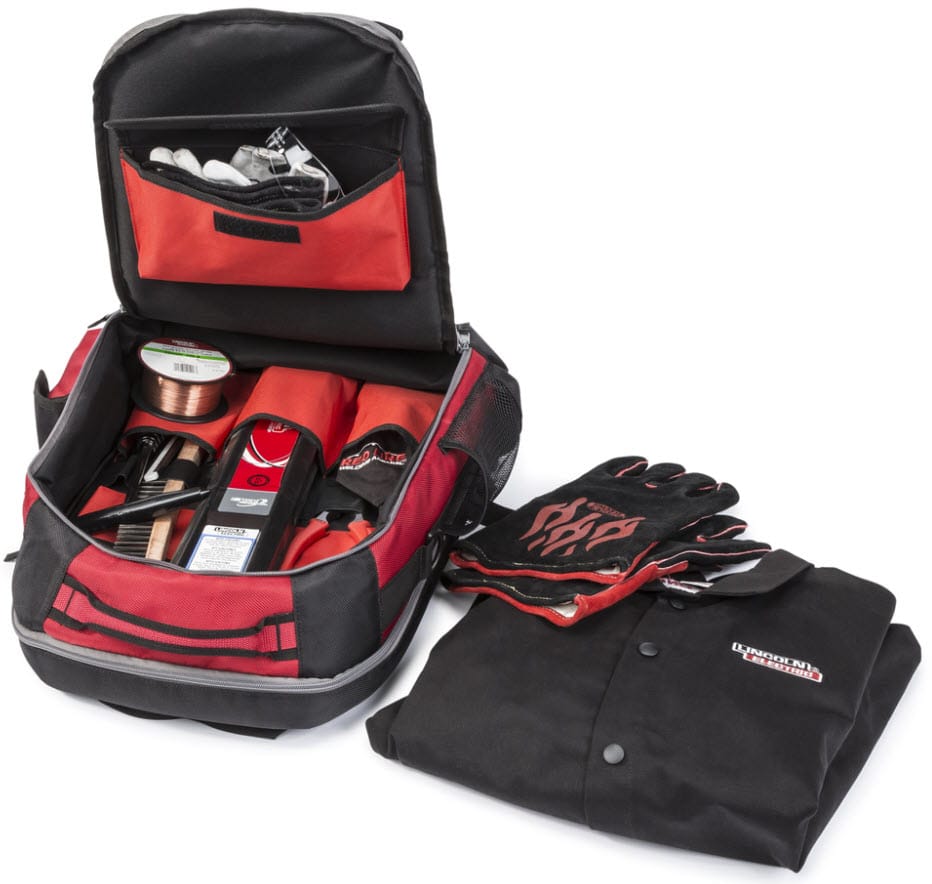 Lincoln welding gear backpack with tools, welding gloves, and a black welding jacket