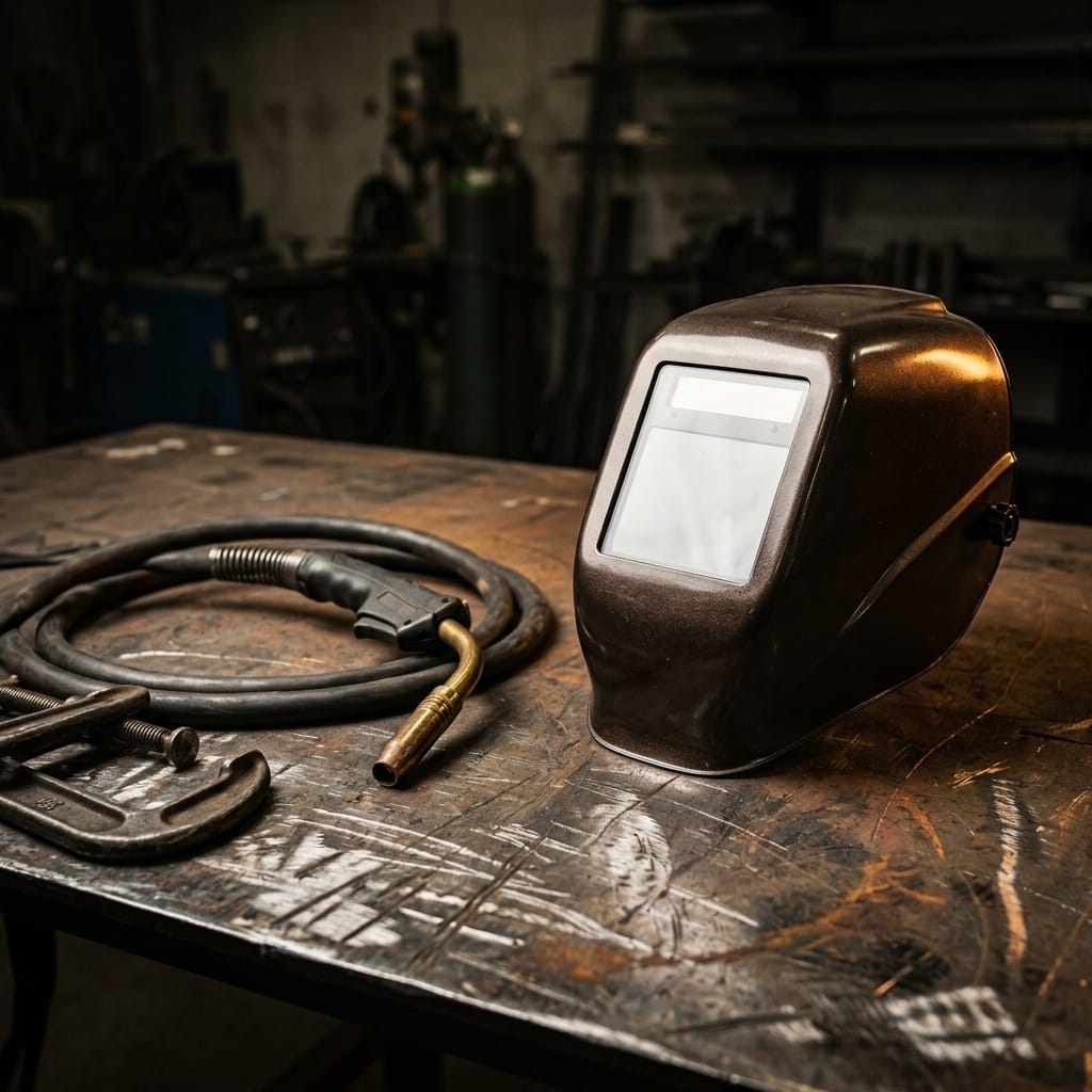 Jackson Safety welding helmet on a metal workbench with a welding torch and clamp