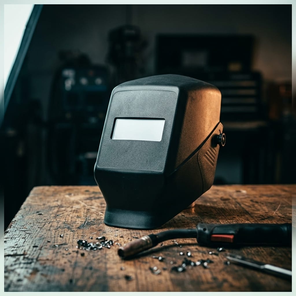 Jackson Safety black welding helmet on a wooden workbench