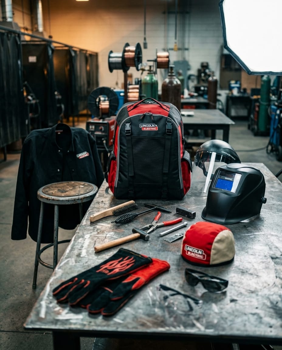Lincoln Electric backpack with welding gear and tools on a workbench