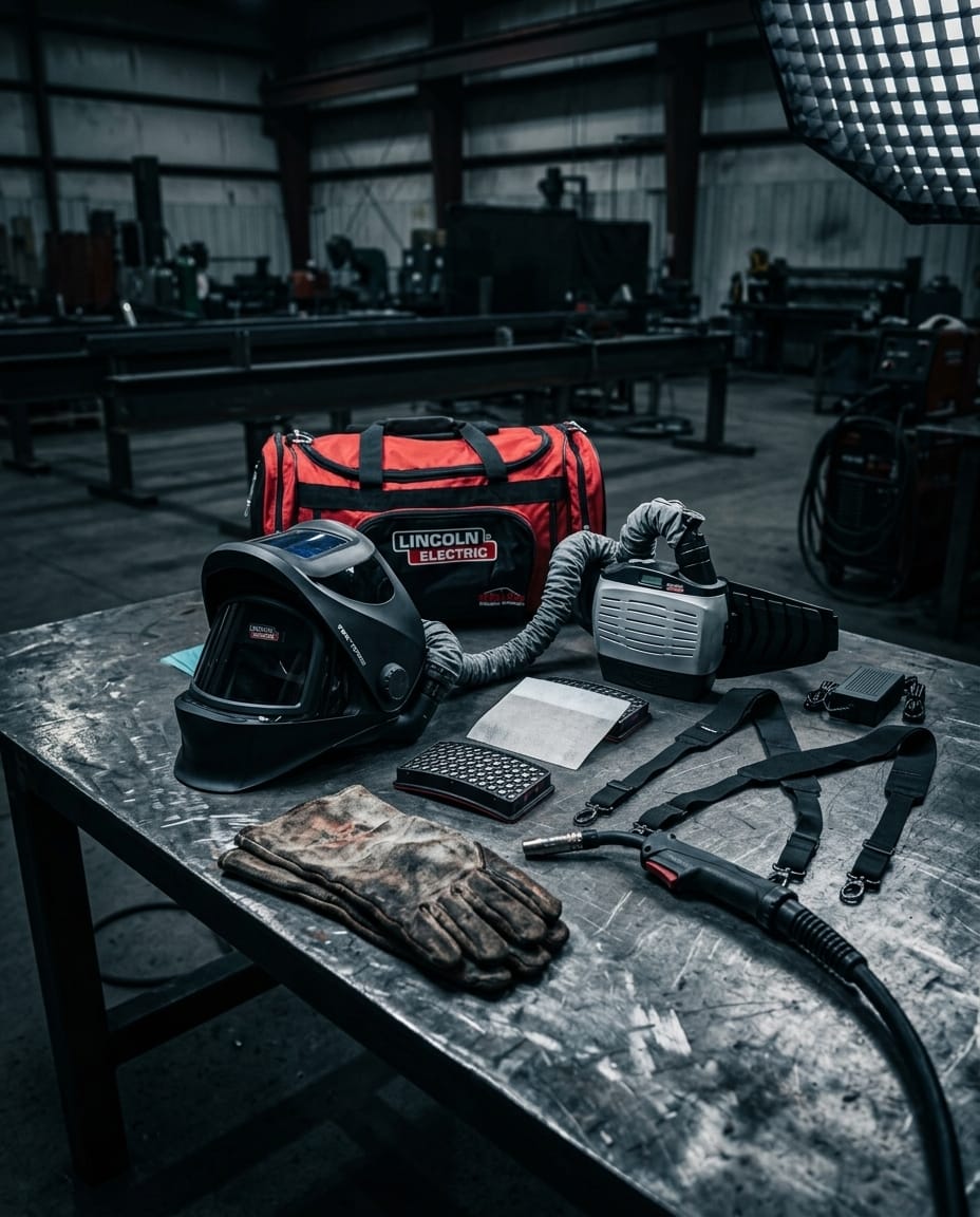 Lincoln Electric welding helmet with PAPR system and accessories on a metal workbench