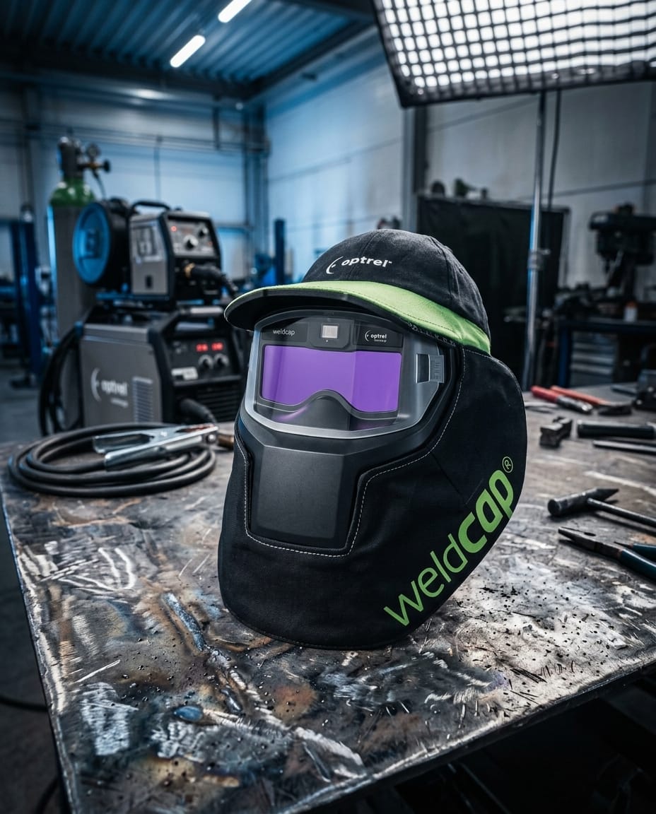 Optrel Weldcap welding helmet on a metal workbench in a workshop
