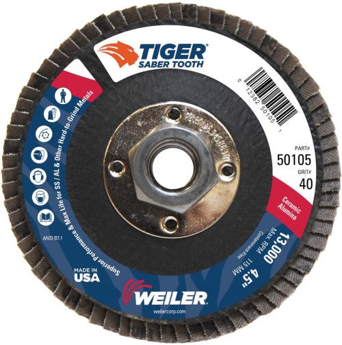 Weiler Tiger Ceramic Flap Disc- 4 1/2" Type 29 w/Hub 40 Grit 50105