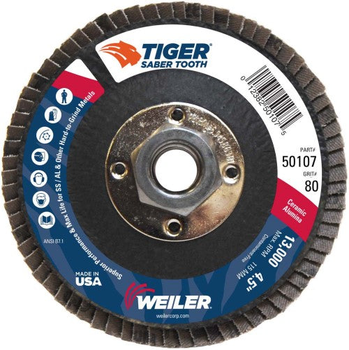 Weiler Tiger Ceramic Flap Disc- 4 1/2" Type 29 w/Hub 80 Grit 50107