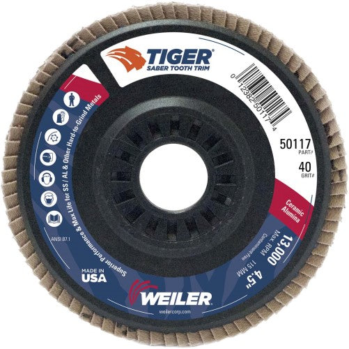 Weiler Tiger Trim Ceramic Flap Disc- 4 1/2" Type 29 7/8 Arbor 40 Grit 50117