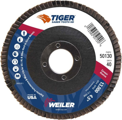 Weiler Tiger Ceramic HD Flap Disc - 4 1/2" Type 27 7/8 Arbor 40 Grit 50130