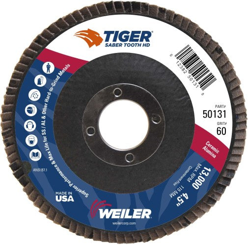 Weiler Tiger Ceramic HD Flap Disc - 4 1/2" Type 27 7/8 Arbor 60 Grit 50131