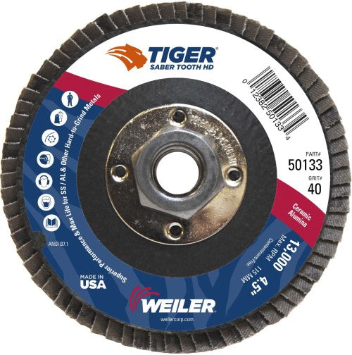 Weiler Tiger Ceramic HD Flap Disc - 4 1/2" Type 27 w/Hub 40 Grit 50133