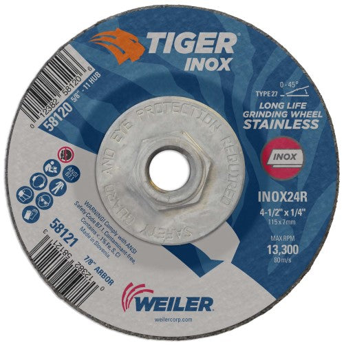 Weiler Tiger Inox Grinding Wheel w/Hub - 4 1/2" X 1/4" Type 27 58120