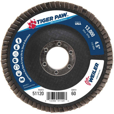 Weiler Tiger Paw Flap Disc - 4 1/2" Type 29 7/8 Arbor 60 Grit 51120
