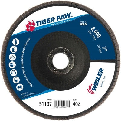 Weiler Tiger Paw Flap Disc - 7" Type 27 7/8 Arbor 40 Grit 51137